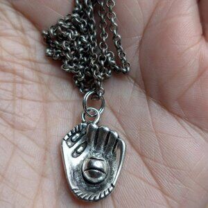 Nice Silver Toned Baseball Glove with a Ball Pendant Necklace